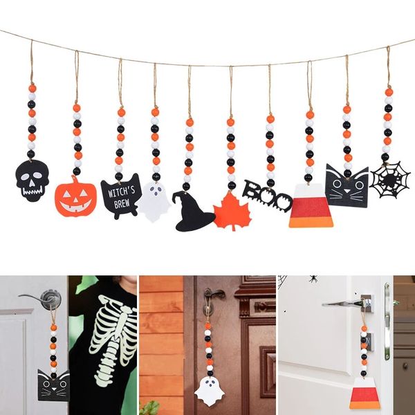 Decorazioni di Halloween Perline di legno Ghirlanda Zucca Fantasma Teschio Ciondolo con trucioli di legno Decorazione per feste di Halloween per la casa Rustico Ornamento da appendere