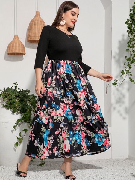 

plus floral print a-line dress o3ab#, Black