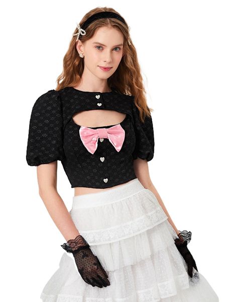 

mod cut out bow front button front crop blouse 06fl#, White