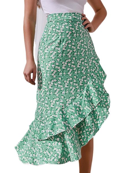

sbetro ditsy floral layered ruffle asymmetrical hem skirt y7qa#, Black