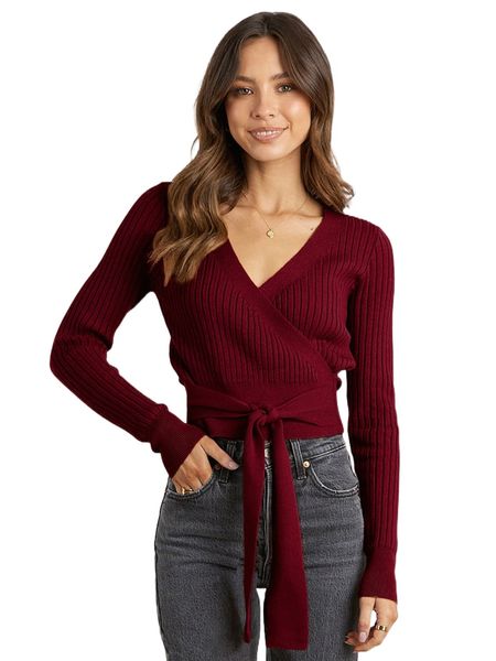 

overlap collar tie front ribbed knit sweater y0mz#, White;black