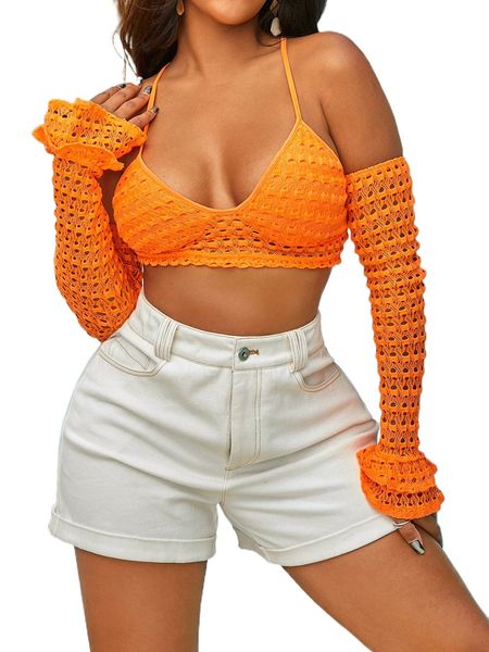 

hollow out lace up back flounce sleeve crop v8mk#, White
