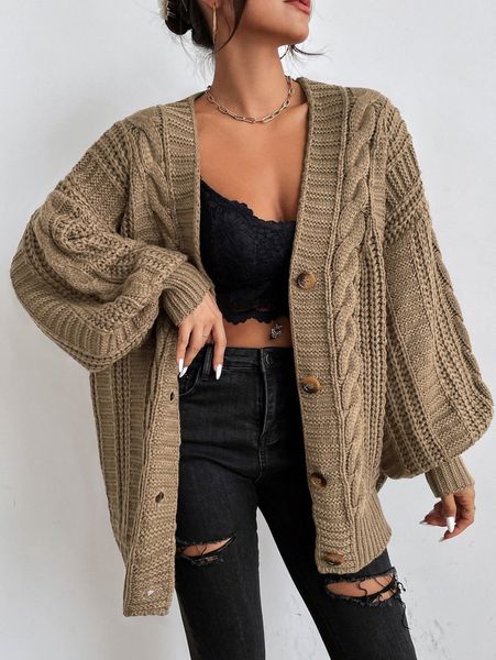 

solid button front cable knit cardigan s1vd#, White;black