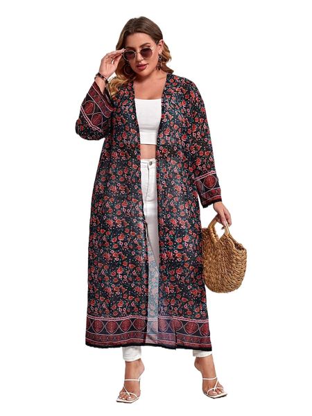 

plus floral print batwing sleeve kimono x8tk#, Black;gray