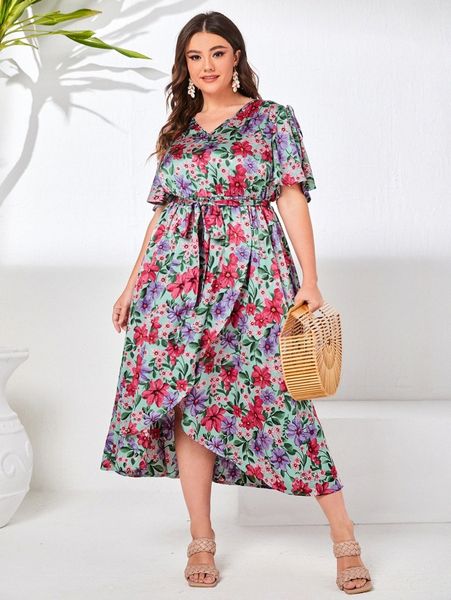 

plus allover floral print flutter sleeve wrap hem belted dress e9m2#, Black