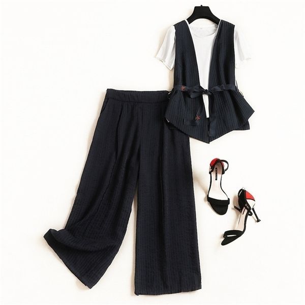 

new summer temperament cardigan vest inside solid color t-shirt striped wide-leg pants three-piece lj201119, White