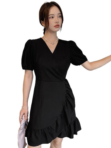 

dazy puff sleeve ruffle trim wrap knot side dress t8m1#, Black;gray