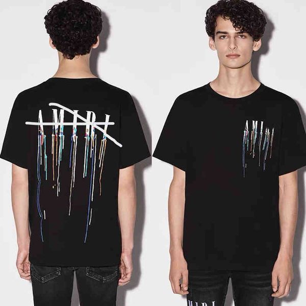 

t shirt arim's designer shirts fashion brand street korean style color speckle graffiti letter print high round neck short sleeve loose, White;black