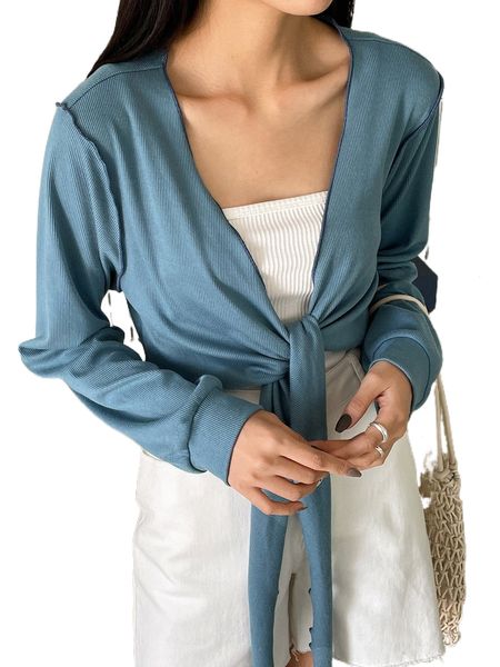 

dazy rib-knit knot front lettuce trim crop tee v06o#, White