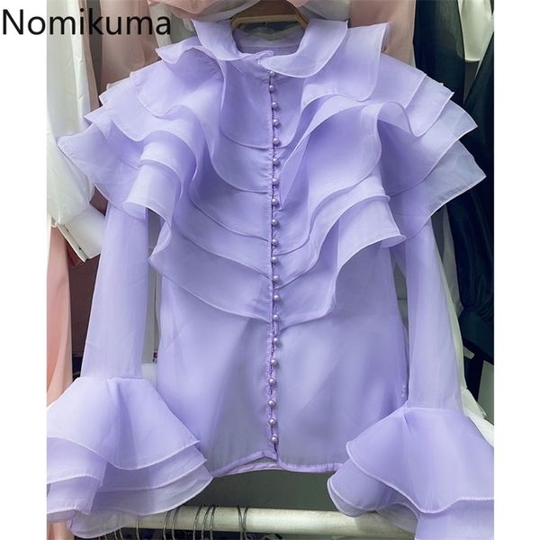 

nomikuma fashion blusas femme korean chic blouse women solid color ruffle long sleeve elegant shirts female allmatch 3d252 210401, White