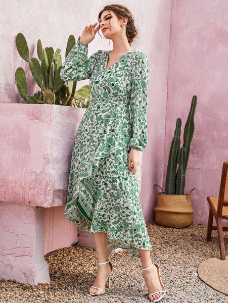 

floral and paisley print bishop wrap hem dress 35a5#, Black;gray