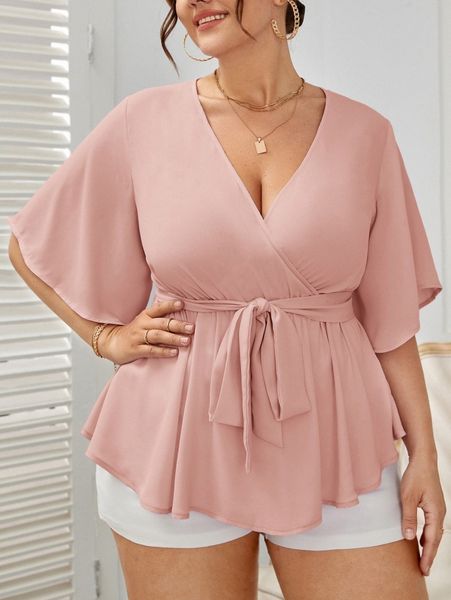 

plus ruffle hem wrap blouse 10ma#, Black