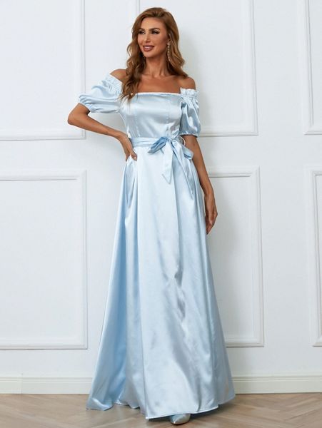 

missord off shoulder frill trim belted satin prom dress l90o#, Black;gray
