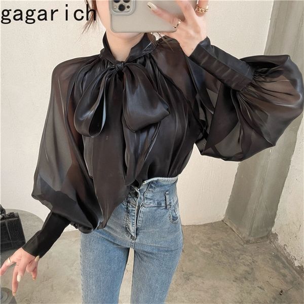 Gagarich Women Shirts Spring Autumn French Sexy Temperament Female Bow-Tie Shiny Feeling Slightly Transparent Loose Blouse 220407