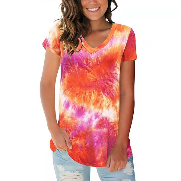 

women's t-shirt 2021 spring and summer european and american street trendsetter pullover tie dyed v-neck, White