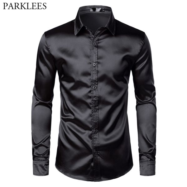 

mens black satin luxury dress s silk smooth men tuxedo slim fit wedding party prom casual shirt chemise homme 220713, White;black