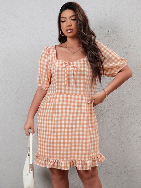 

plus gingham puff sleeve tie front ruffle hem dress v1lz#, Black