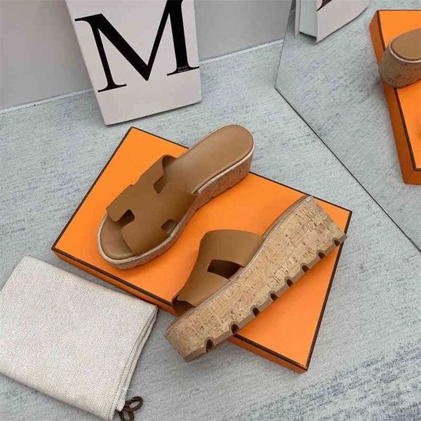 

slippers wedge heels shoes women genuine leather platform slippers open-toes beach slides, Black