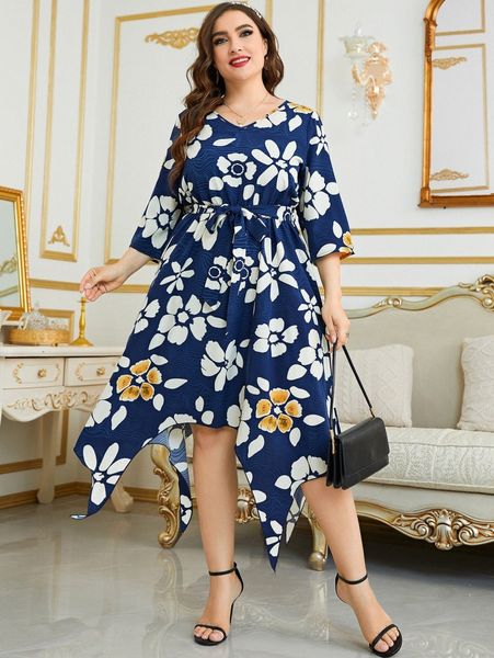 

plus allover floral print asymmetrical hem belted dress i4j1#, Black