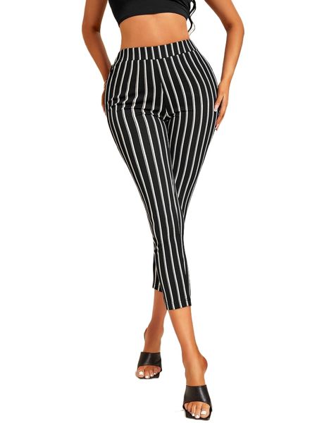 

high waist vertical striped skinny pants q7rz#, Black;white