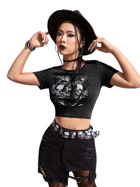 

romwe goth skull & rose print tee p8wa#, White