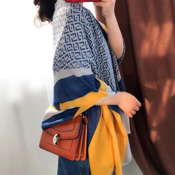 

scarves 2022 silk scarf women's summer korean version of the yellow and blue letterstitching long vacation sun-proof shawl, Blue;gray