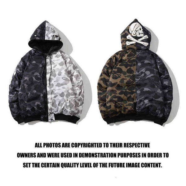 

brand chao shark skull camouflage dark black color matching versatile zipper hooded men's and women's cotton padded clothes