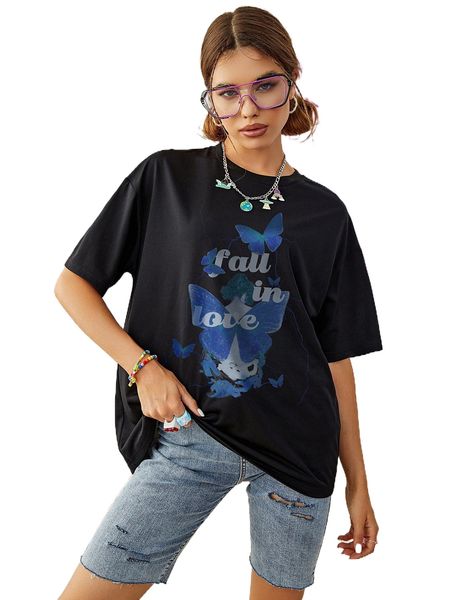

butterfly & slogan graphic drop shoulder tee x6yf#, White