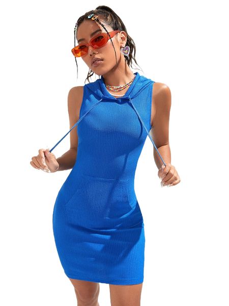 

solid pocket patched hooded dress i7bo#, Black;gray