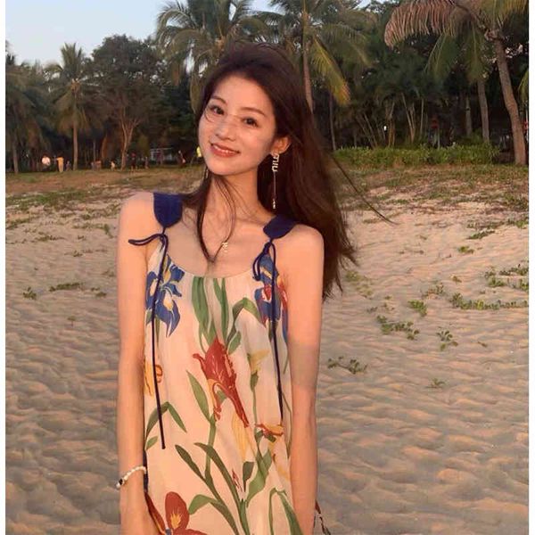 

casual dresses 2022 summer french first love seaside holiday broken flower suspender dress women's travel po loose grn5, Black;gray