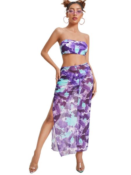 

3pack tie dye bandeau bikini swimsuit & beach skirt z7hu#, White;black