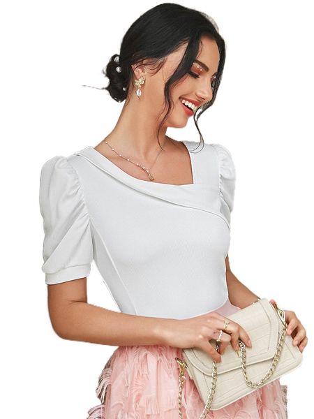 

asymmetrical neck puff sleeve tee o3lg#, White