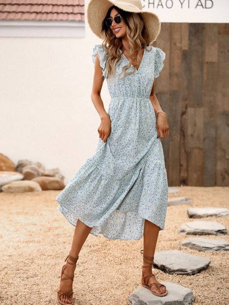 

ditsy floral butterfly sleeve ruffle hem dress 56fv#, Black;gray