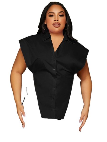 

sxy plus button front knot side asymmetrical hem blouse p1ij#, Black