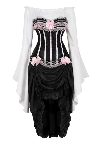 Bustiers Korsetts Dreiteilige Träger Langarm Gothic Viktorianisches Korsett Kleid Piratenrock Sets Vintage Tanzen Clubwear Mittelalterliche Kostüme