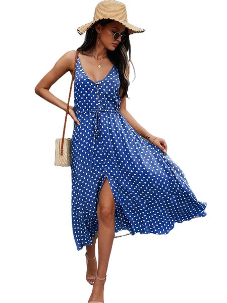 

button through drawstring waist polka dot cami dress v4hx#, Black;gray