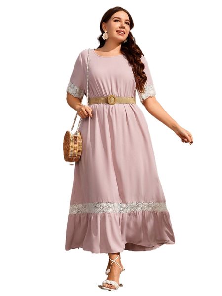 

plus contrast lace ruffle hem belted dress h7kp#, Black