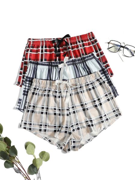 

3pcs plaid & gingham print shorts r3de#, Black;red