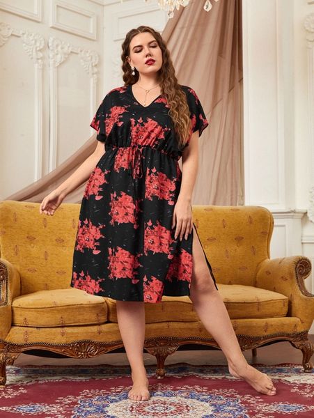 

plus graphic print dolman sleeve knot waist split hem sleep dress f02z#, Black;white
