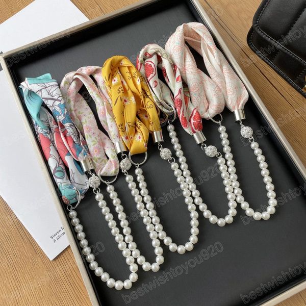 

pearl silk scarf necklace for women bohemia pearl neckerchief foulard femme accessories chiffon neck scarf necklaces jewelry, Silver