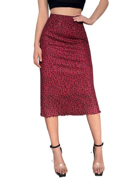 

high waist leopard lettuce trim mesh skirt g68i#, Black