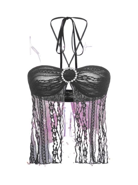 

backless rhinestone detail lace halter m5ap#, White