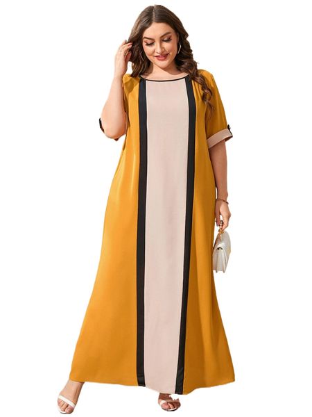 

plus color block roll tab sleeve tunic dress 49oz#, Black