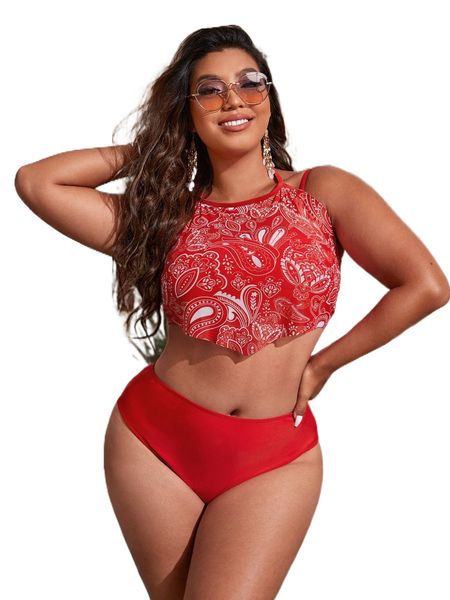 

plus 3pack paisley print hanky hem high waist bikini swimsuit 832r#, White;black