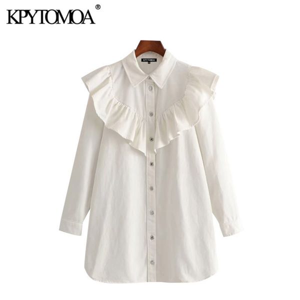 

kpytomoa women chic fashion ruffled denim mini shirt dress vintage lapel collar long sleeve female dresses vestidos mujer y200805, Black;pink