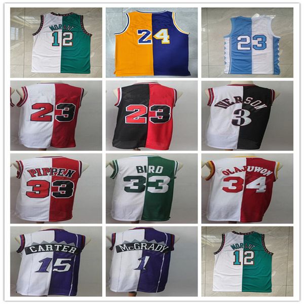 Camisas de basquete retrô divididas em duas cores Allen Iverson Pippen Hakeem Olajuwon Tracy McGrady Vince Carter Larry Ja Morant Mamba Vermelho Preto Branco Verde Amarelo Roxo