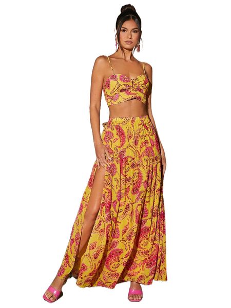 

paisley & floral print lace up back cami & slit skirt p8sf#, White