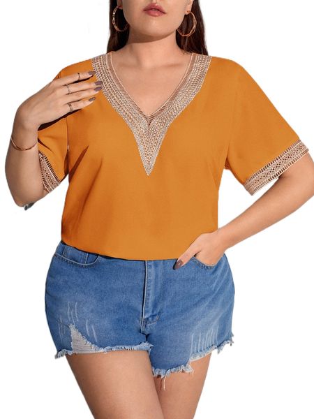 

plus v-neck tape contrast blouse m2fz#, Black