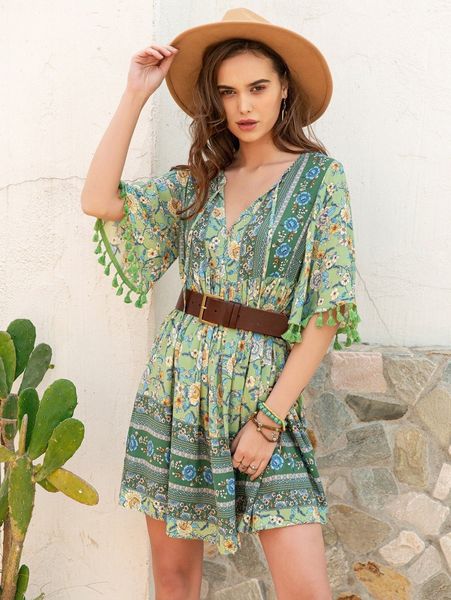 

rusttydustty allover print fringe trim smock dress without belt 96gv#, Black;gray