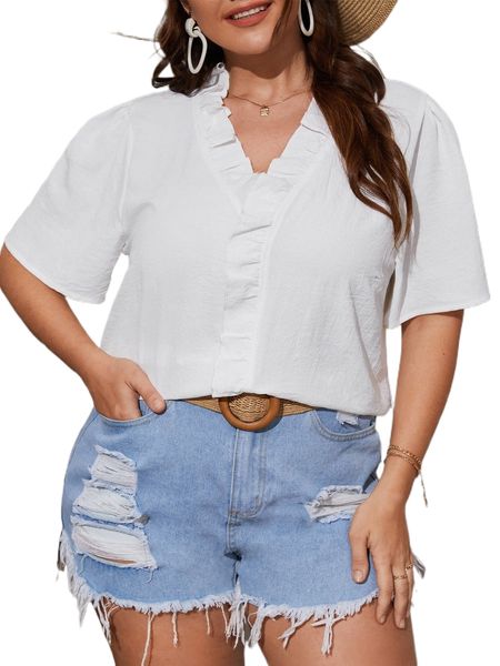 

plus ruffle trim puff sleeve blouse c1gf#, Black